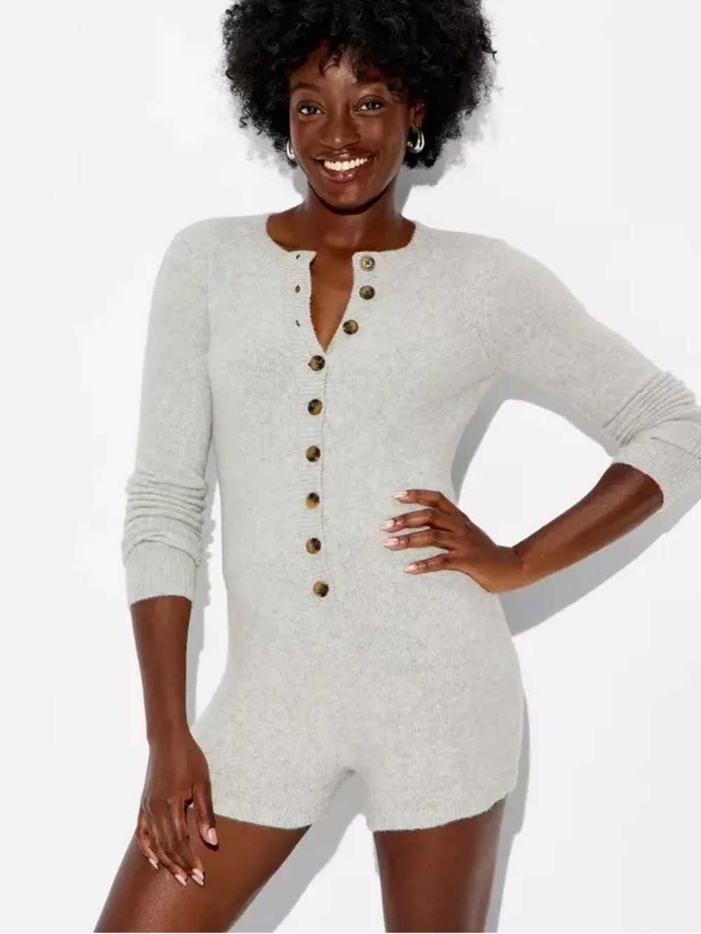 NWT Women’s Wild Fable Cozy Button-Front Knit Shorts Romper Light Gray Sz M